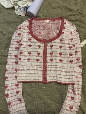 For Love & Lemons Pink and White Heart Cropped Cardigan